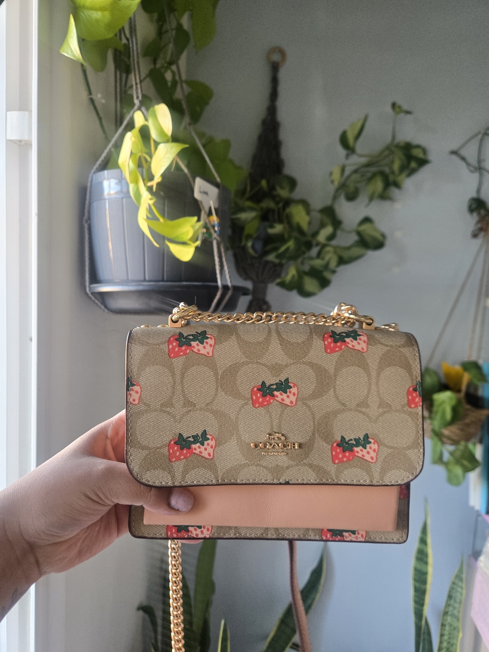 Coach Strawberry Print Signature Crossbody Bag in Beige/Pink